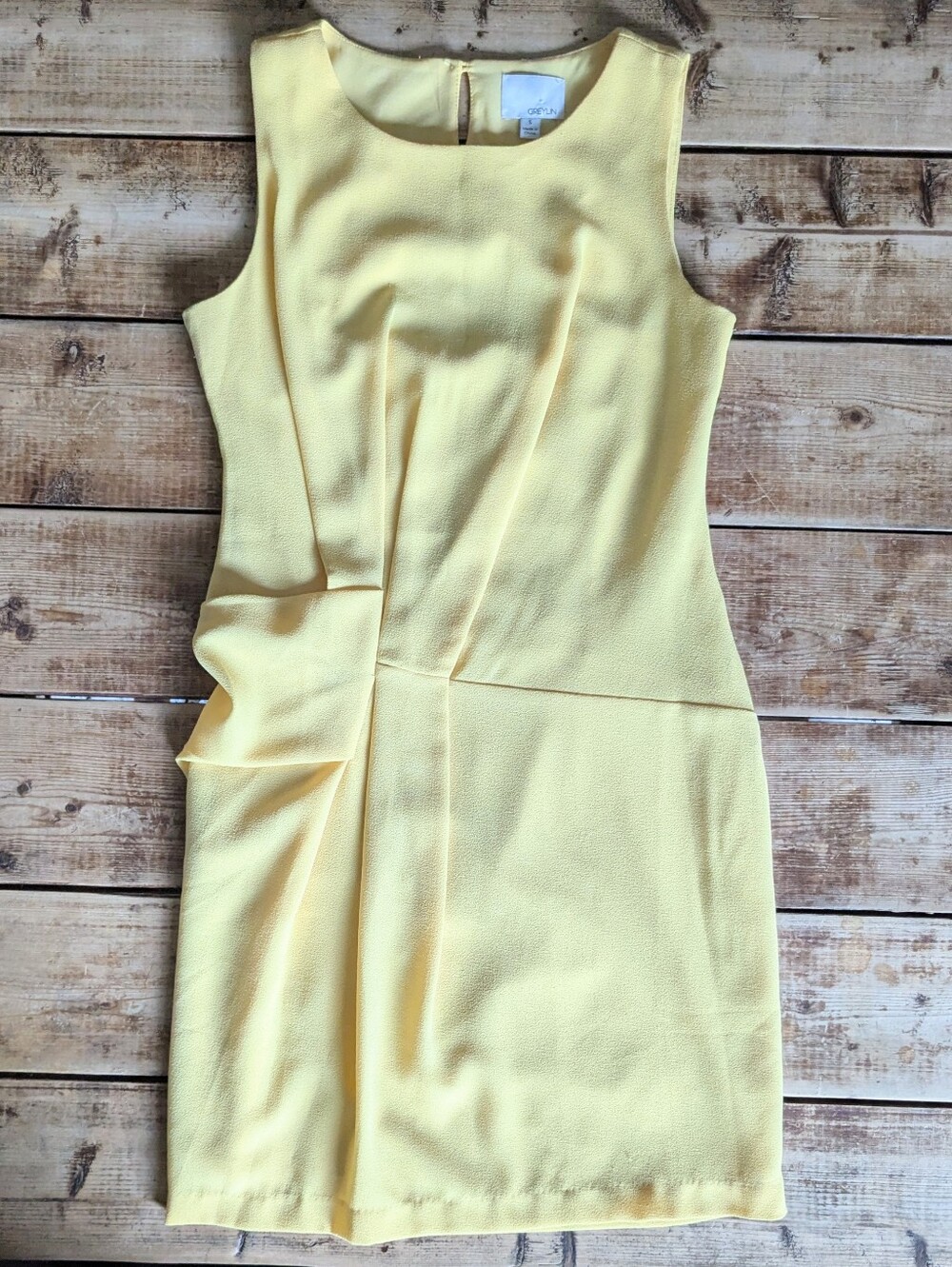 Greylin Butter Yellow Structured Sheath Dress Side Drape Cutout Back Size Small